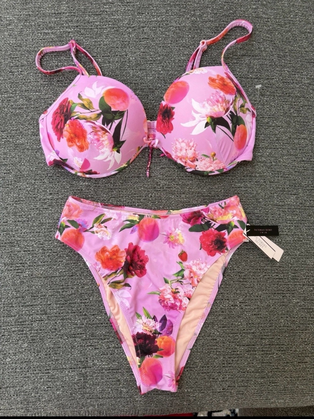 Women's Pink Floral Bikini Set - Floral Print Swimwear bra size 34DDD